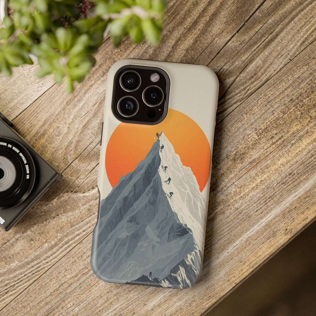Mountain Summit Phone Case — Climbers Silhouette with Orange Sun