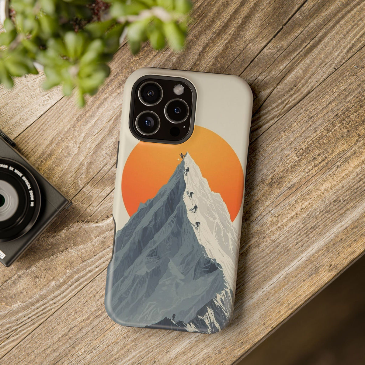 Mountain Summit Phone Case — Climbers Silhouette with Orange Sun